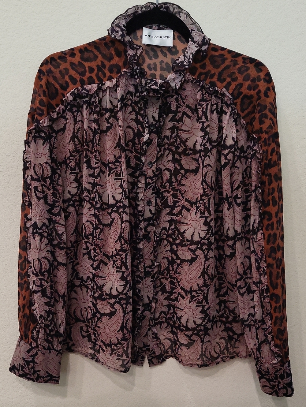 Antik Batik Sheer Floral And Leopard Ruffled Blouse Size S